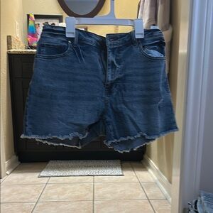 High-Waisted Blue Jean Shorts with Frayed Hem